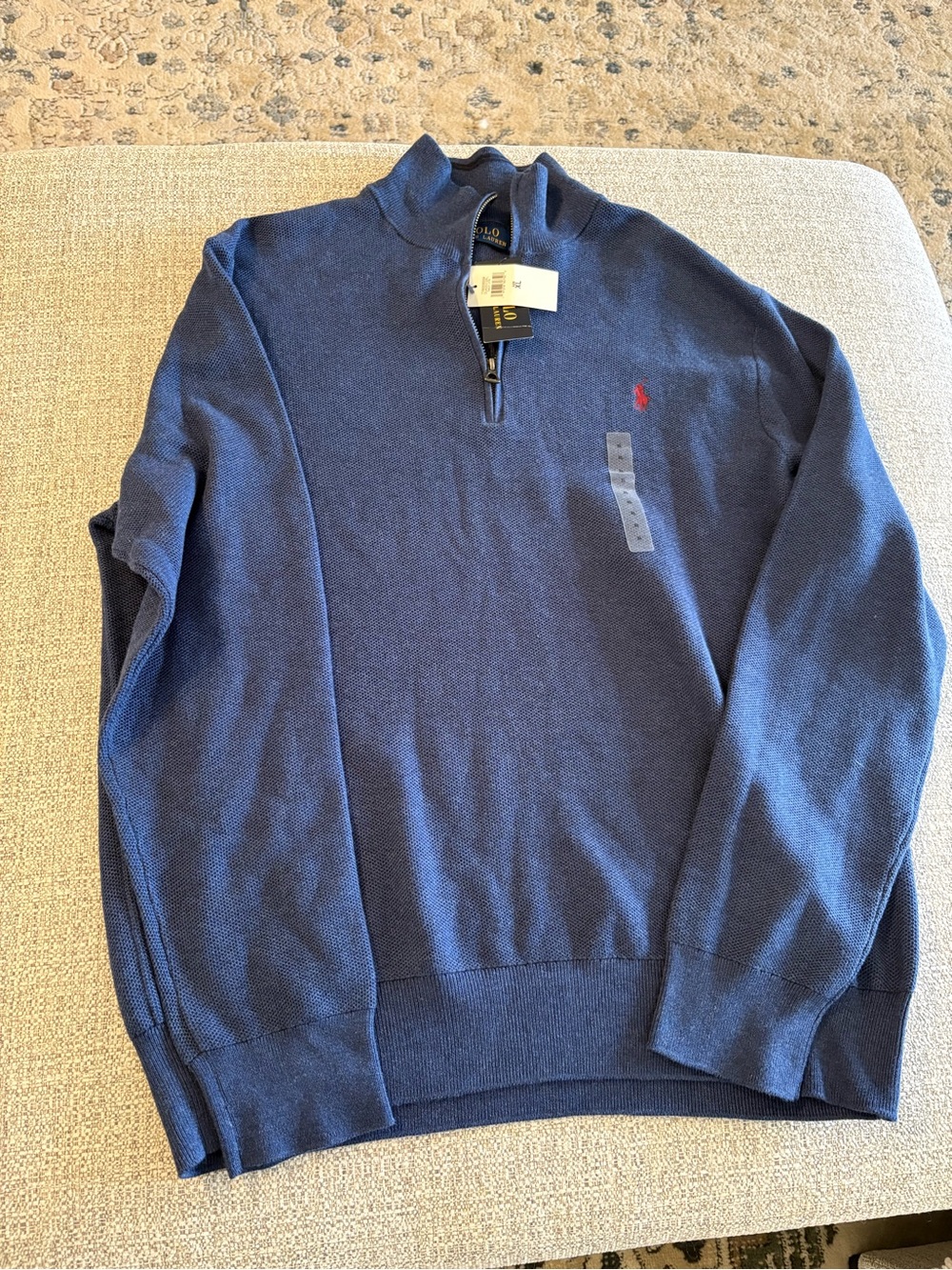 Ralph Lauren Navy Zip-Neck Cotton Sweater with Red Pony